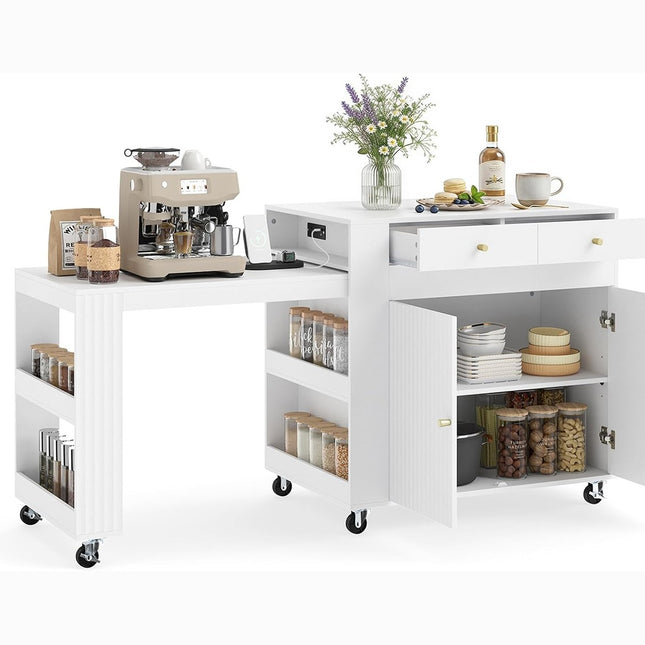 Dreamade 72”-44.5” Extendable Kitchen Island with Storage, Power Outlet | Rolling Kitchen Island Table on Wheels w/Fluted Doors