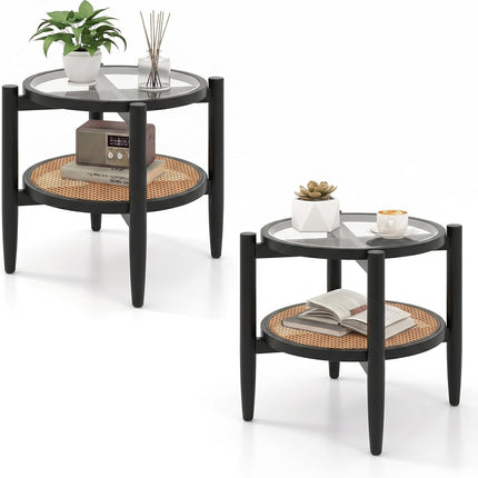 Dreamade Rattan Round End Table Walnut Boho Nightstand with Tempered Glass Top and Acacia Wood Legs