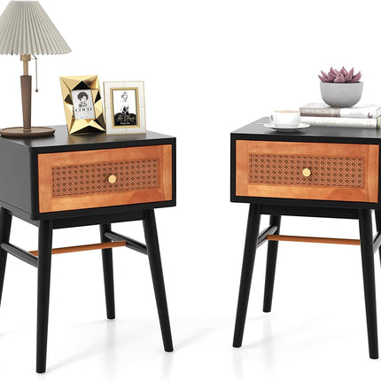 Dreamade Rattan Nightstand, Boho End Side Table with Rattan Decorated Storage Drawer & Solid Wood Legs