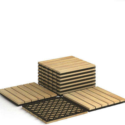 Dreamade 27 PCS Interlocking Patio Deck Tiles, 12 x 12in Acacia Hardwood Floor Tiles, Tools Free Assembly