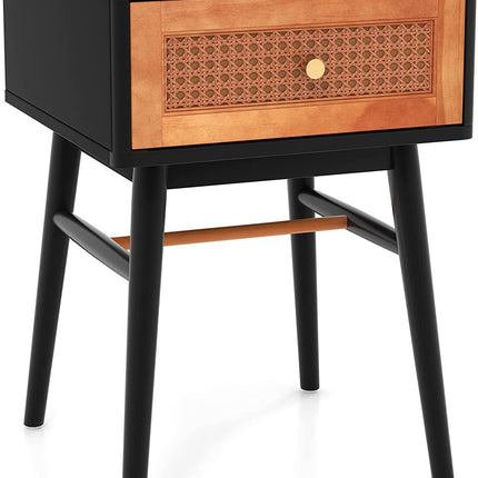Dreamade Rattan Nightstand, Boho End Side Table with Rattan Decorated Storage Drawer & Solid Wood Legs