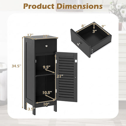 Dreamade Bathroom Floor Storage Cabinet with Door and Drawer, Black | Freestanding Side Cabinet with 3-Height Adjustable Shelf
