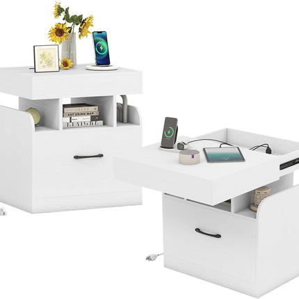 Dreamade Nightstand with Charging Station Modern Bedside Table for Living Room Bedroom Office