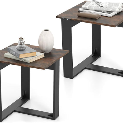 Dreamade Rustic Brown Square Industrial Side Table w/T-Shape Metal Frame