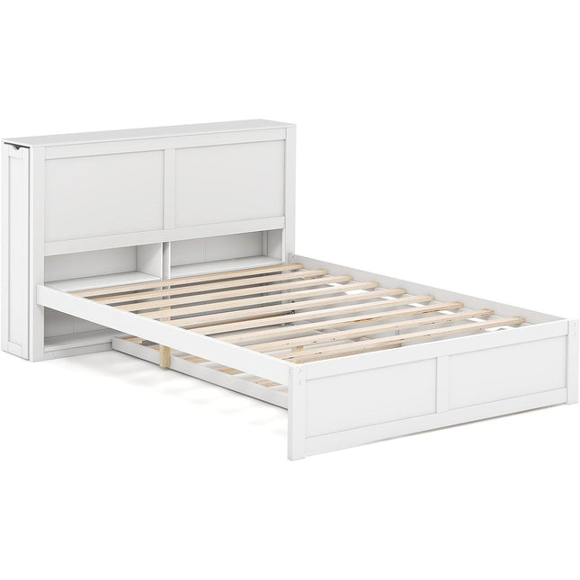 Dreamade Full Bed Frame with Twin Trundle, Wooden Bed Wooden Bed Frame with 2 Rolling Bookcases & High Headboard