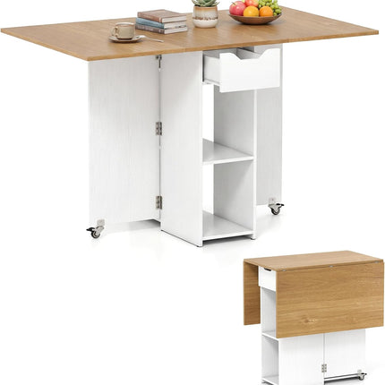Dreamade 47.5" Folding Dining Table | Drop Leaf Wooden Dinner Table with 2-Tier Storage Shelf and Drawer