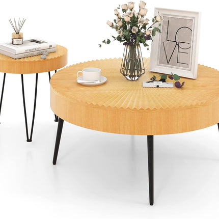 Dreamade Round Coffee Table Set of 2 - Sofa Side Nesting Table w/Solid Pine Wood Top