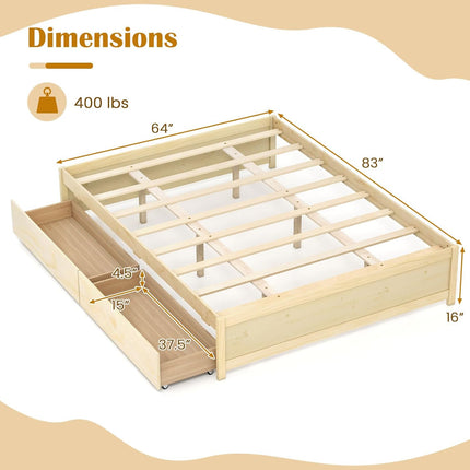 Dreamade Queen/Full/Twin Size Bed Frame with 2 Storage Drawers, Solid Wood Platform Bed with Slats Support