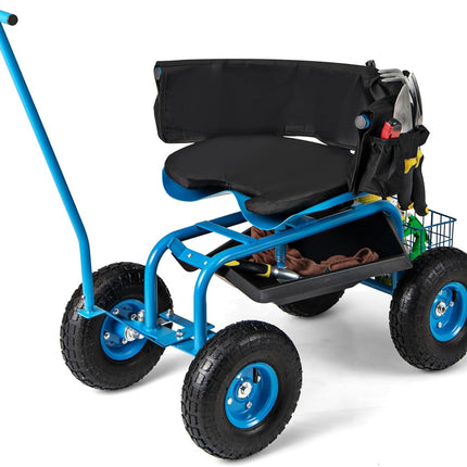 Dreamade Garden Cart, Rolling Workseat with 4 Wheels, Tool Tray, Removable Cushion, Storage Basket