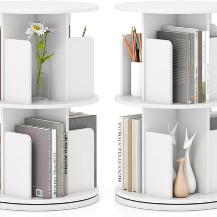 Dreamade 2-Tier Rotating Bookshelf 360° Display Rack w/Dividers & Anti-Falling Baffles