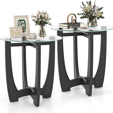 Dreamade Glass End Table, Round Side Table with Rubber Wood Frame & Tempered Glass Top, 23.5" Small Black Coffee Table