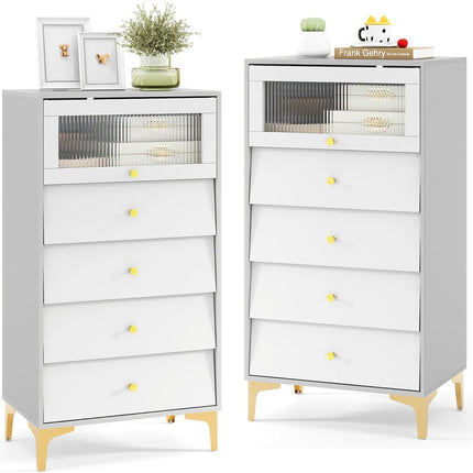 Dreamade 4-Drawer Dresser with Flip Up Fluted Glass Door