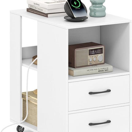 Dreamade End Table with Charging Station - Night Stand on Wheels