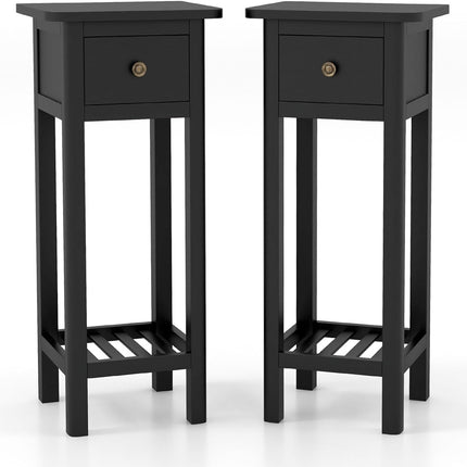 Dreamade Narrow End Table with Drawer, Tall Acacia Wood Side Table with Bottom Shelf, Modern Bedside Tables