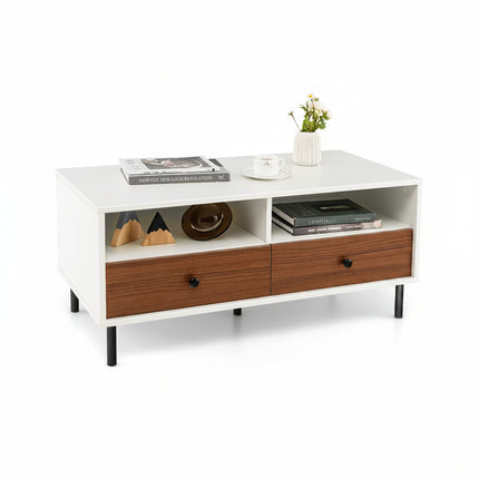 Dreamade Rectangular Coffee Table with Storage, 2 Tier Wood Tea Table with 2 Drawers
