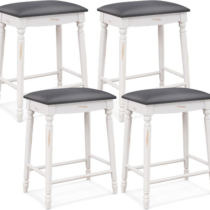 Dreamade Bar Stools, 29"/24" Bar Height Saddle Stools w/Padded Seat, Rubber Wood Legs, Footrests & Antiqued Surface