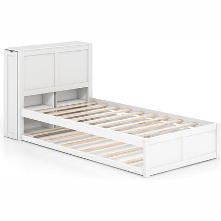 Dreamade Full Bed Frame with Twin Trundle, Wooden Bed Wooden Bed Frame with 2 Rolling Bookcases & High Headboard