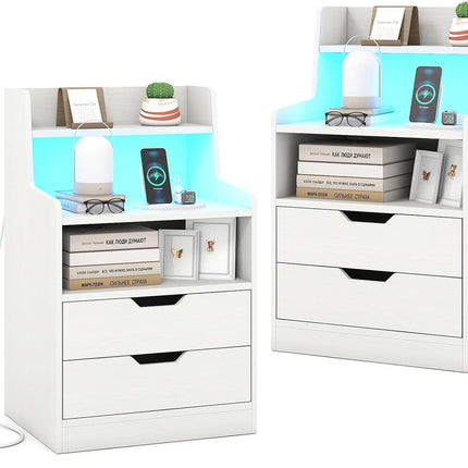 Dreamade Nightstand with LED Light and Charging Station for Living Room Bedroom