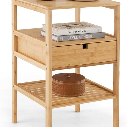 Dreamade Nightstand Set of 1/2, Bamboo End Table with Drawer and 2 Open Shelves