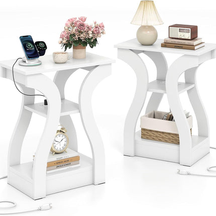 Dreamade End Tables with Charging Station Set of 2 Narrow Sofa Side Tables with Open Storage Shelves