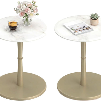 Dreamade Round Marble Side Table w/Stone Finish & Wooden Pedestal (1/2)