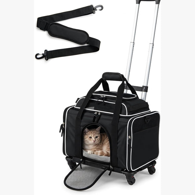 Dreamade Top-Expandable Pet Carrier with Wheels for Small Cat & Dog (Black) | Foldable Rolling Pet Bag with Telescopic Handle