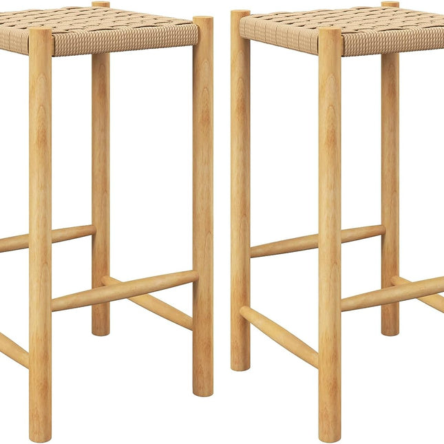 Dreamade Wood Stools Set of 2, 18" Tall Boho Backless Stool Chairs with Rubber Wood Legs