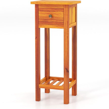 Dreamade Narrow End Table with Drawer, Tall Acacia Wood Side Table with Bottom Shelf, Modern Bedside Tables