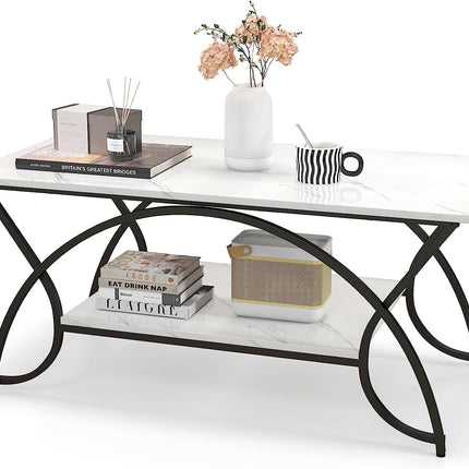 Dreamade 2-Tier Rectangular Coffee Table, Modern Chic Cocktail Table with Open Storage Shelf, White/Gold
