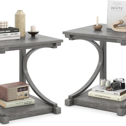 Dreamade C-Shaped End Table, 24" Square Couch Table with Bottom Storage Shelf & Solid Rubber Wood Frame