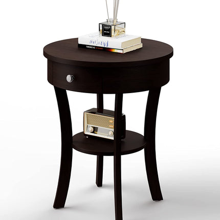 Dreamade Round End Table with Drawer, 2-Tier Wood Side Table w/Open Shelf
