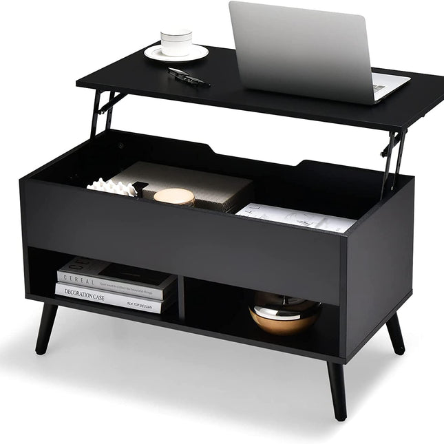 Dreamade Lift Top Coffee Table, Modern Cocktail Table w/Hidden Compartment & 2 Open Shelves