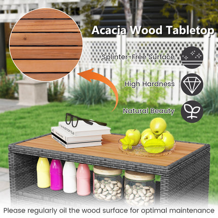 DREAMADE Outdoor Storage Cabinet, Wicker Patio Cabinet with Wood Top, Grey