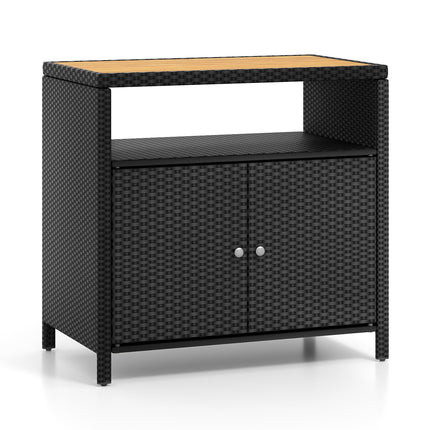 DREAMADE Outdoor Storage Cabinet, Wicker Patio Cabinet with Wood Top, Black