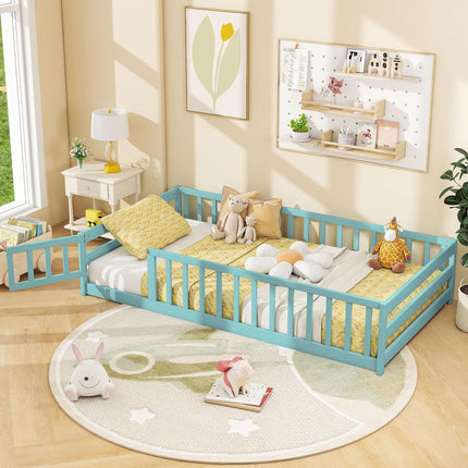 Dreamade Floor Bed with Door & Fence Kids Wood Montessori Beds with Safety Guardrails