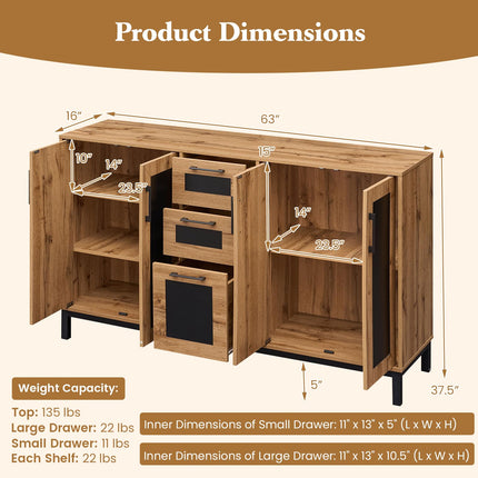 Dreamade 63” Sideboard Buffet Cabinet with 3 Drawers & Storage Shelves