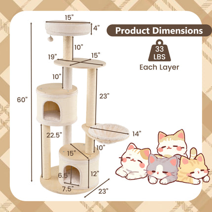 DREAMADE 60" Tall Cat Tree, Wooden Kitten Tower w/Sisal Scratching Posts & Mat