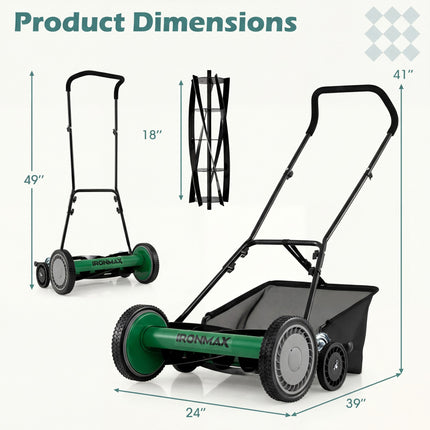 DREAMADE Manual Reel Mower, 18" Push Reel Lawn Mower, Green