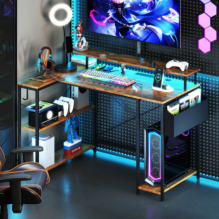 DREAMADE L-Shaped Gaming Desk with LED Lights & Power Outlets, 48" Computer Table with Storage Shelves