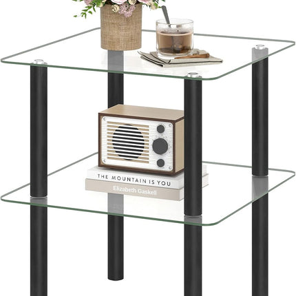Dreamade Round/Square 2-Tier Sofa Side Table with Clear Tempered Glass Top & Shelf (1/2)