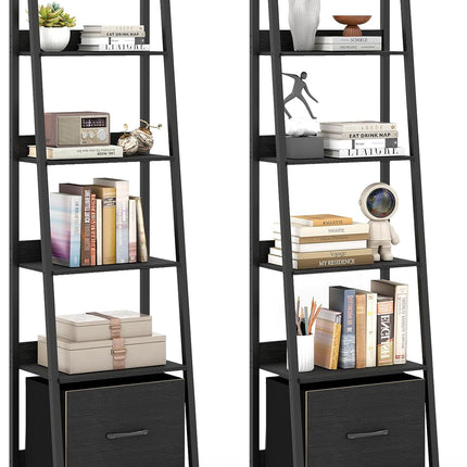 Dreamade 5-Tier Industrial Ladder Bookshelf with Removable Fabric Drawer (1/2)