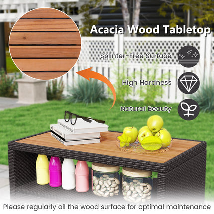 DREAMADE Outdoor Storage Cabinet, Wicker Patio Cabinet with Wood Top, Brown