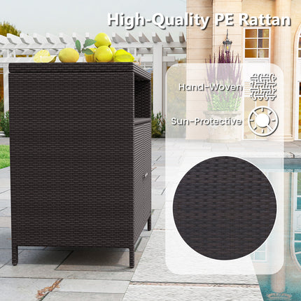 DREAMADE Outdoor Storage Cabinet, Wicker Patio Cabinet with Wood Top, Brown