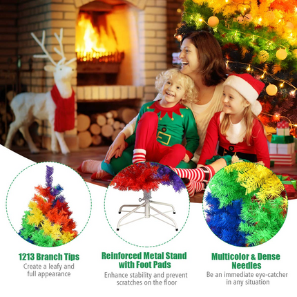 Dreamade 7FT Colorful Rainbow Full Fir Christmas Tree, Artificial Hinged Christmas Tree w/Solid Metal Stand - DreamadeUS