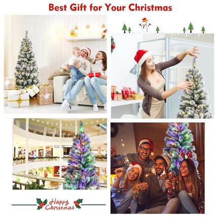 Dreamade 5ft Pre-lit Snow Flocked Christmas Tree, Premium Hinged Artificial Pine Tree w/ 9 Lighting Modes & 140 Color Changing LED Lights - DreamadeUS