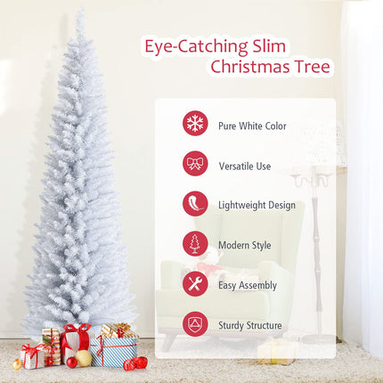 5FT / 6FT / 7FT Pencil Christmas Tree, Artificial Slim White Christmas Tree - DreamadeUS