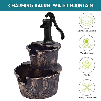 Dreamade 2-Tier Rustic Barrel Waterfall Fountain with Pump