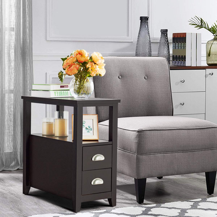 Dreamade End Table Wooden W/ 2 Drawers and Shelf Space-Saving Rectangular Bedside Table