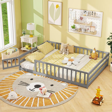 Dreamade Floor Bed with Door & Fence Kids Wood Montessori Beds with Safety Guardrails