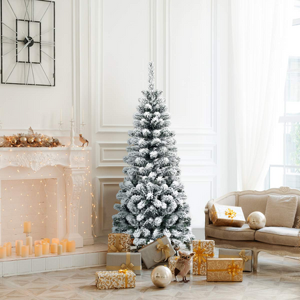 Dreamade Artificial Snow Flocked Christmas Tree, Slim Xmas Snowy Tree for Indoor and Outdoor Use - DreamadeUS